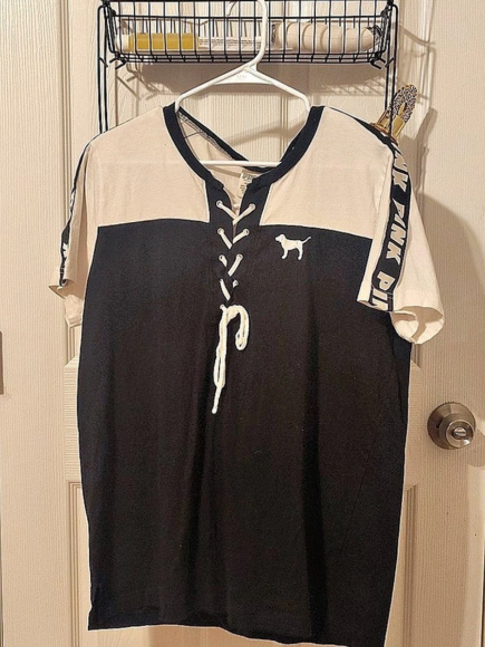 PINK Color Block Lace-Up Tee Black White Size Large